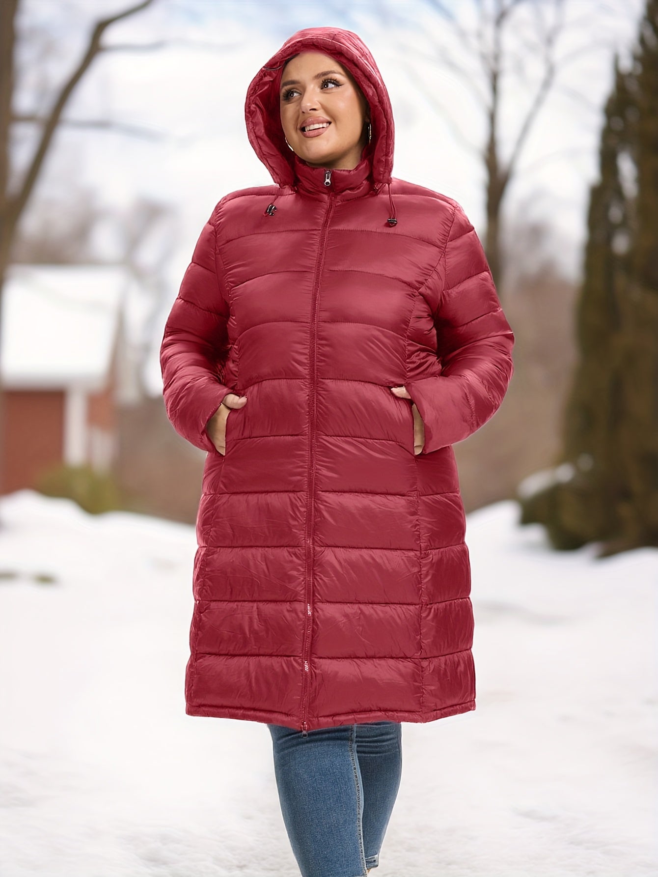 Plus Size Women's Elegant Burgundy Winter Coat with Hood - Long Jacket, Zippered Pockets & Detachable