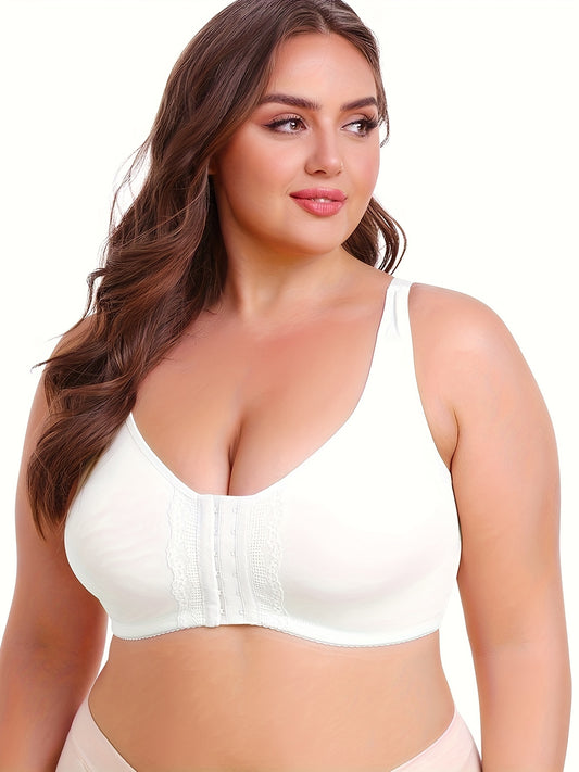 Plus Size Women's Front-Opening Sports Bra, V-Neck, Stretchy Polyester, Solid Color with Lace Detail, No Padding, Low Support, Knit Fabric, for