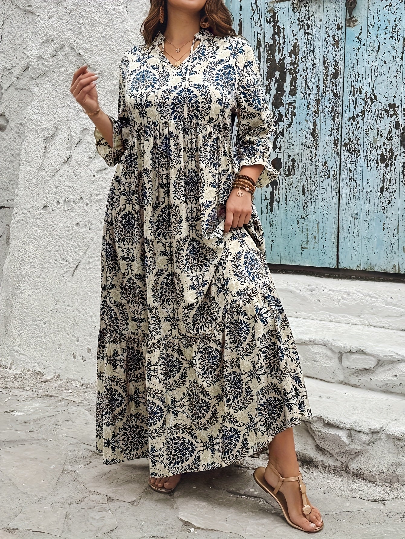 Floral Print, 3/4 Sleeve, Ruffle Hem, Polyester