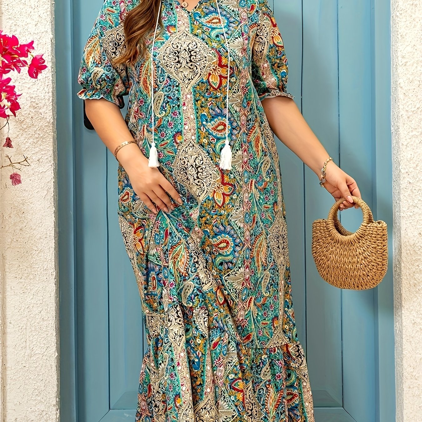 Plus Size, Full-body print dress with ruffled cuffs and hem