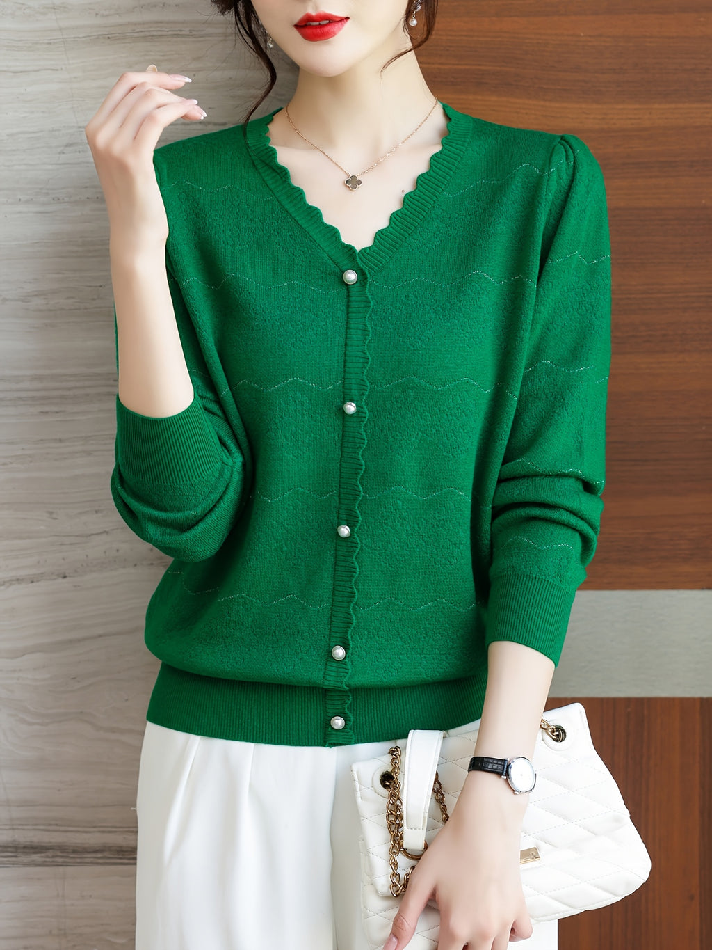 Women'S Elegant V-Neck Blouse - Lightweight Breathable Long Sleeve Shirt with Button Front