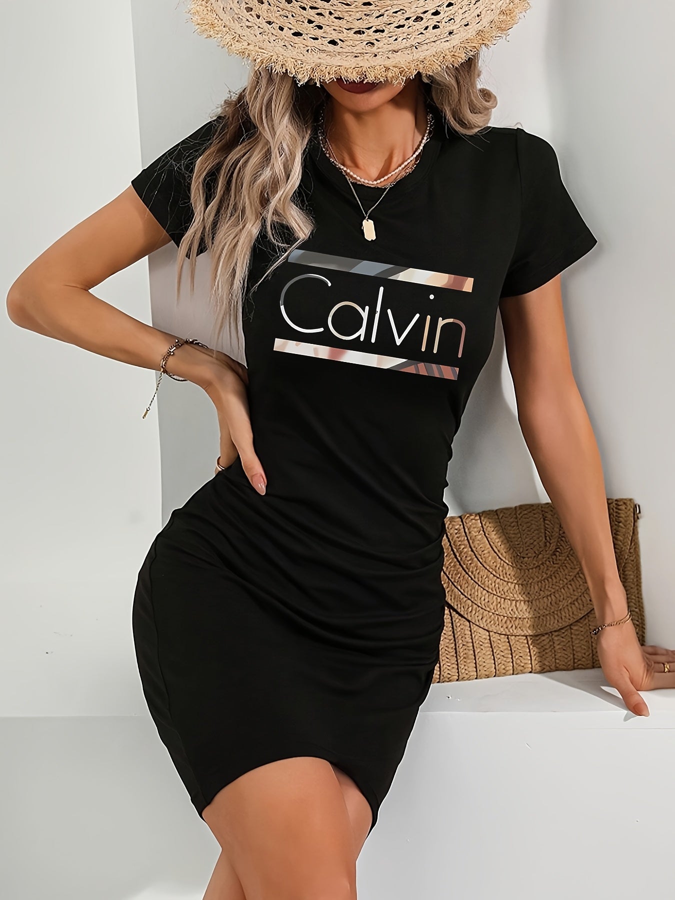 Calvin Art Print Bodycon Dress - Stylish Black, Slim-Fit, Stretchy Polyester Blend, Round Neck, Knee-Length, Perfect for Spring/Summer, Spring