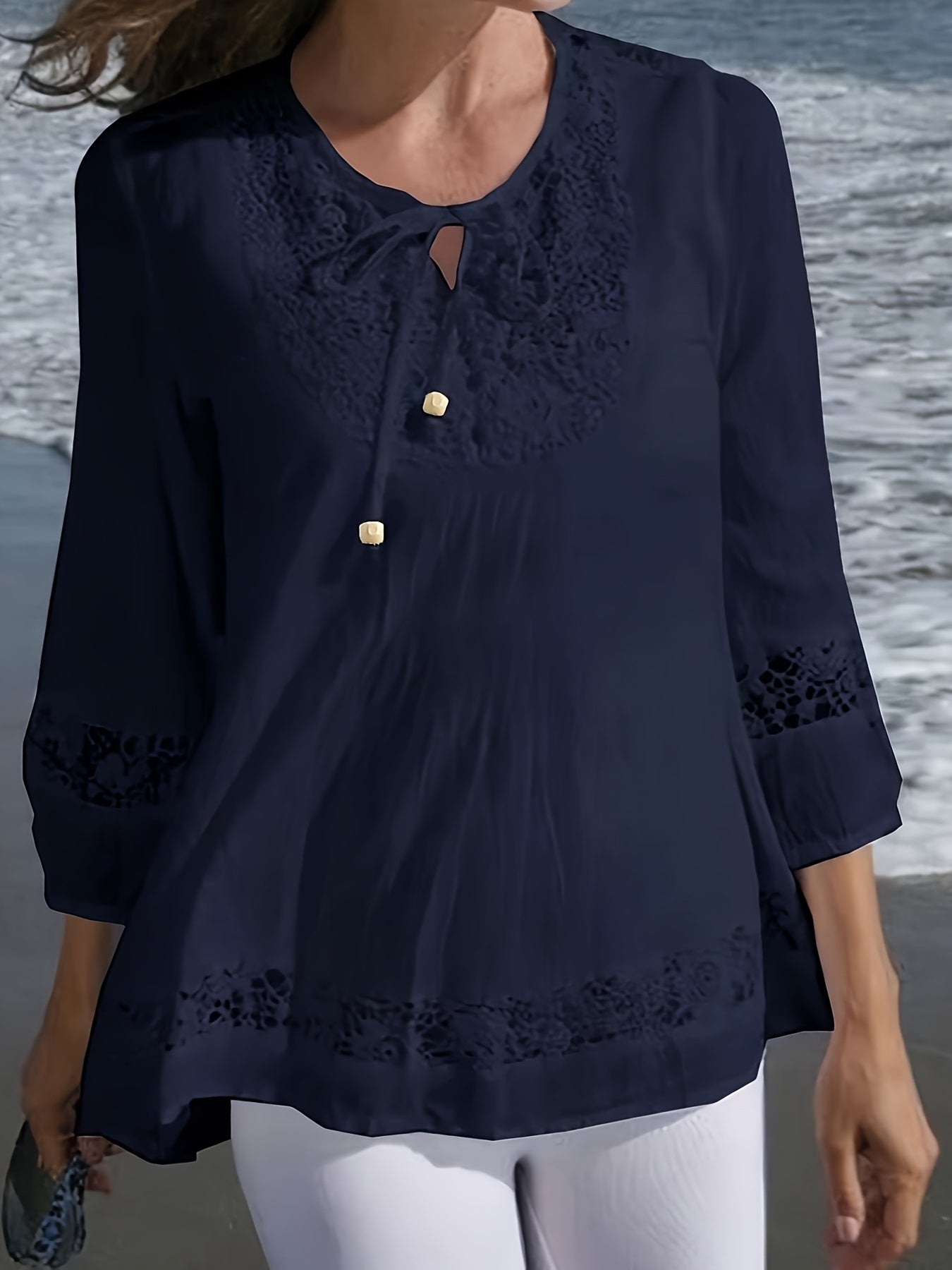 Casual Tie-neck 3/4 Sleeve Blouse For Spring, Women's Plus Size