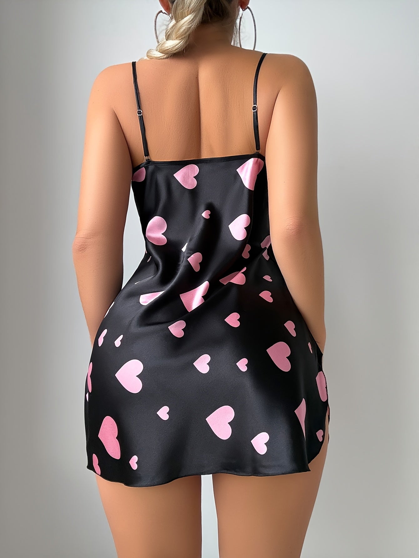 Women's Black & Pink Heart Print V-Neck Sleeveless Nightgown - Soft Stretchy Fabric, Machine Washable, All-Season Comfort for Lounge &