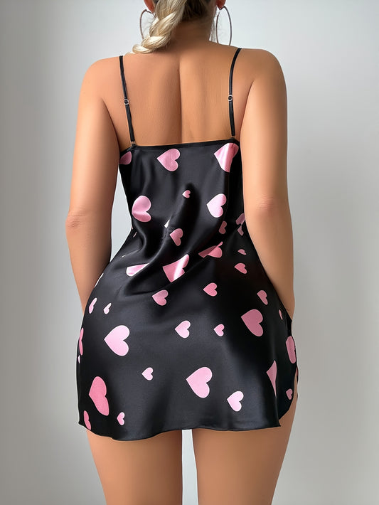 Women's Black & Pink Heart Print V-Neck Sleeveless Nightgown - Soft Stretchy Fabric, Machine Washable, All-Season Comfort for Lounge &
