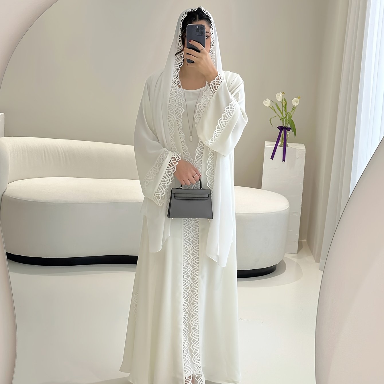 2pcs Set with Lace Trim Muslim Kaftan