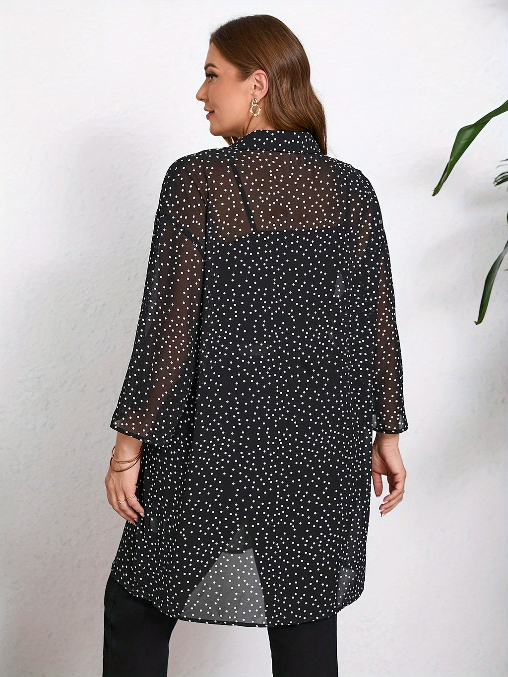 Chic Plus Size Polka Dot Blouse with Cuffed Long Sleeves