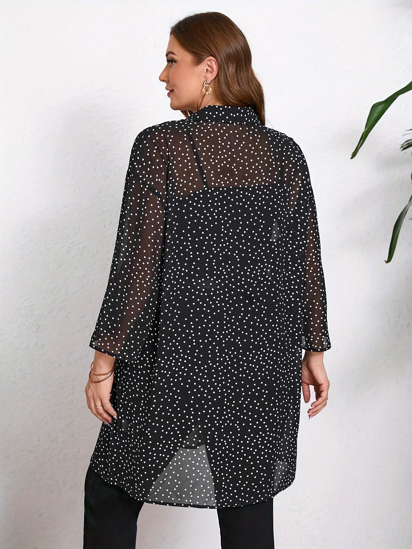 Chic Plus Size Polka Dot Blouse with Cuffed Long Sleeves