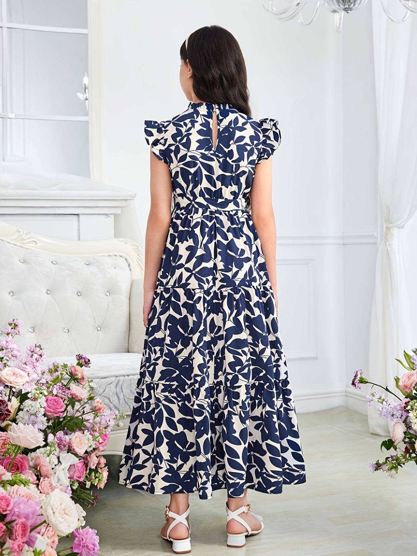 Print Sleeveless Maxi Dress with Belt for Teens