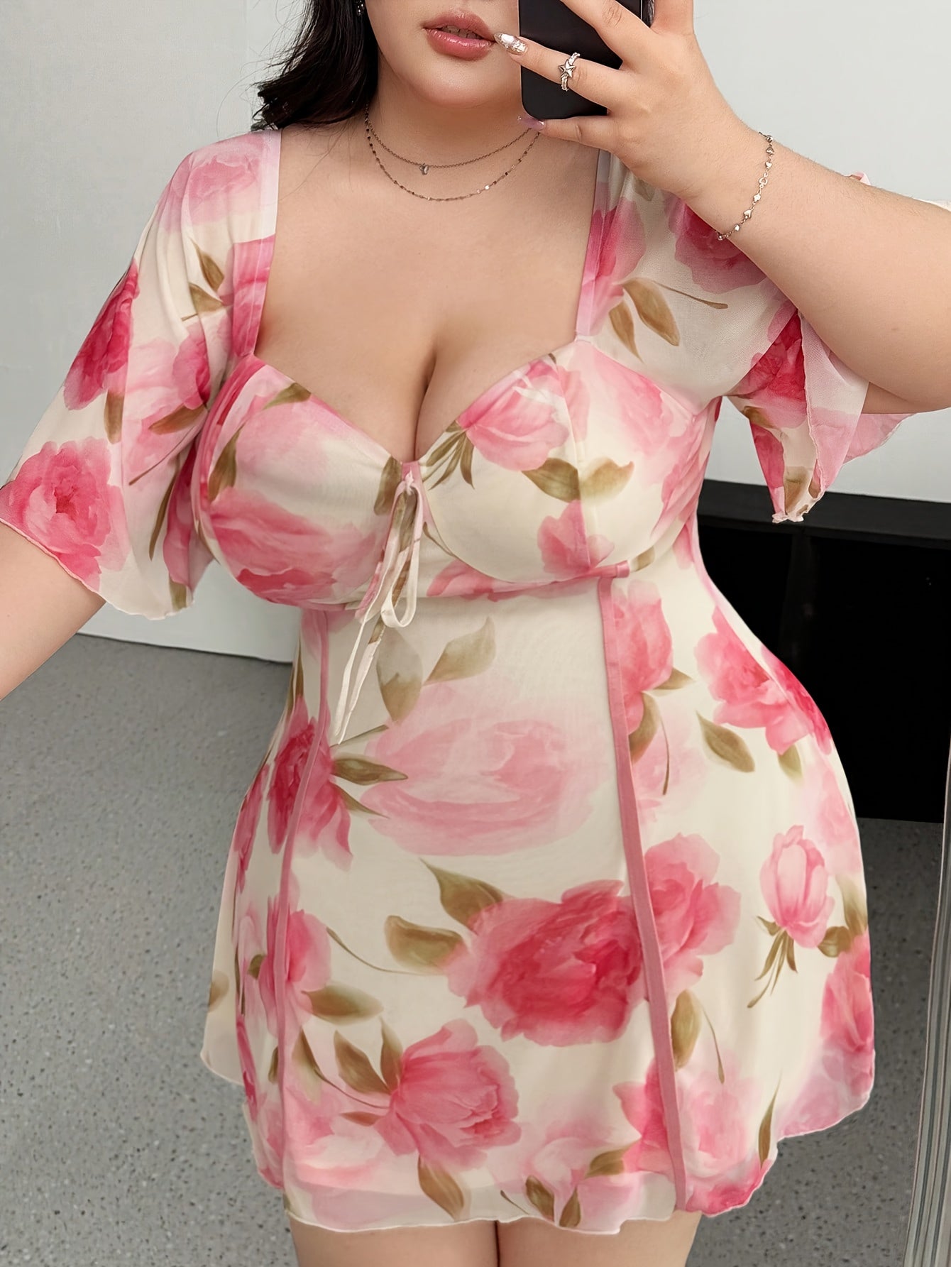 Plus Size Women's Elegant Floral Print Sheer Mesh Dress with Adjustable Tie Waist