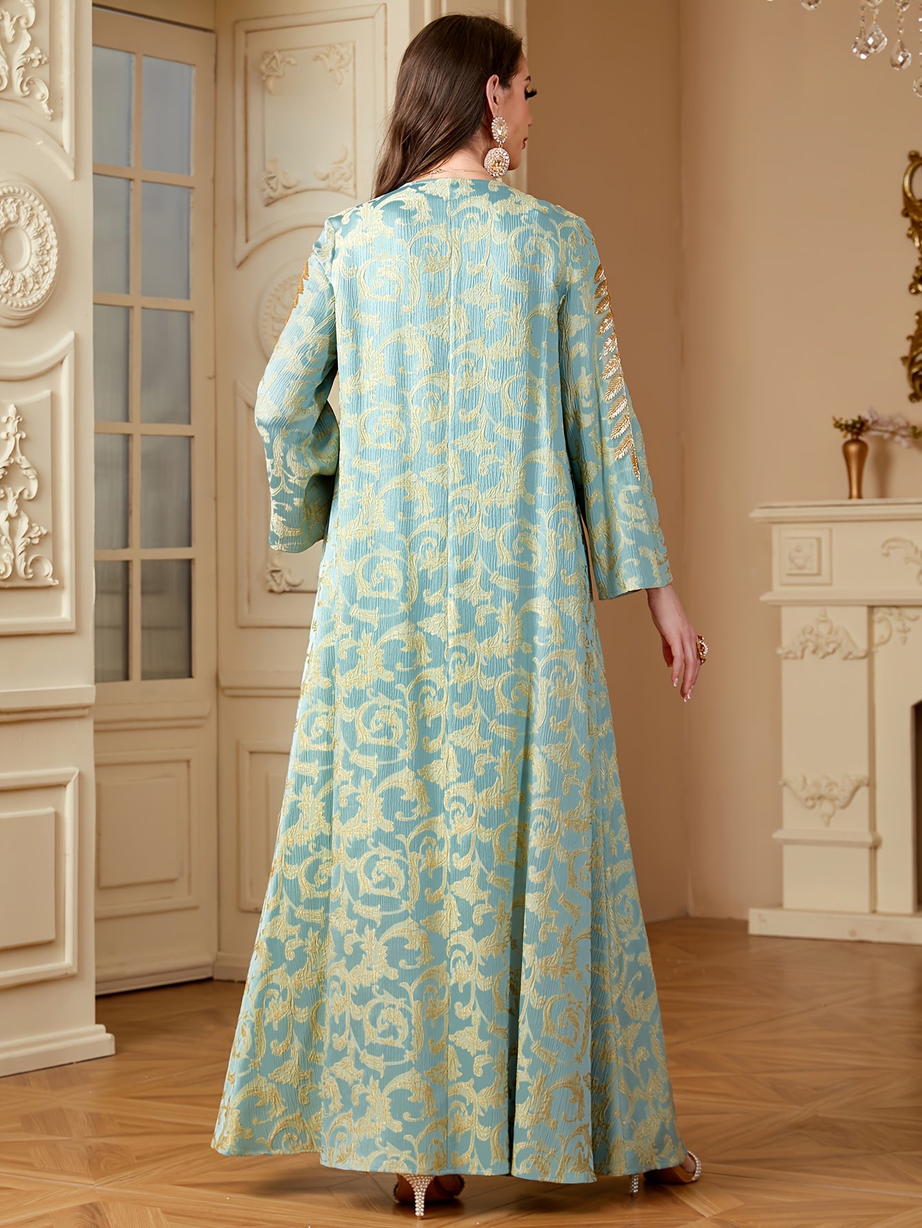 Women's Elegant Middle Eastern-Inspired A-Line Dress with Floral Appliqué