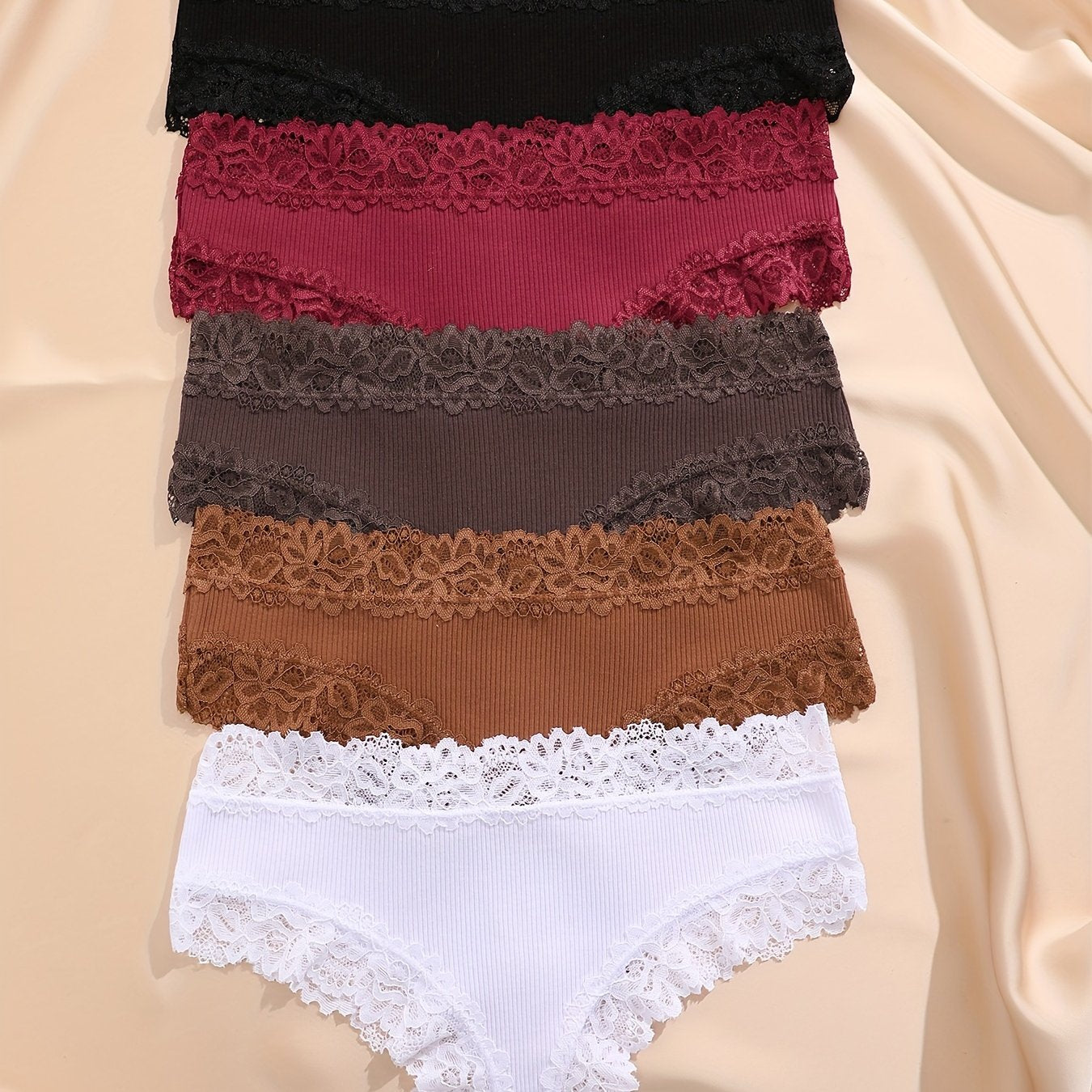 5pcs Solid Lace Trim Briefs, Comfy & Breathable Intimate Panties, Women's Lingerie & Underwear
