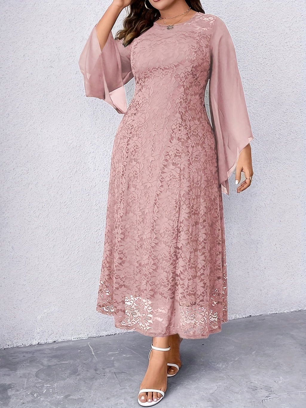 Women's Elegant Navy Blue Lace Dress - Formal to Casual Wedding Party Outfit with Long Flowing sleeves