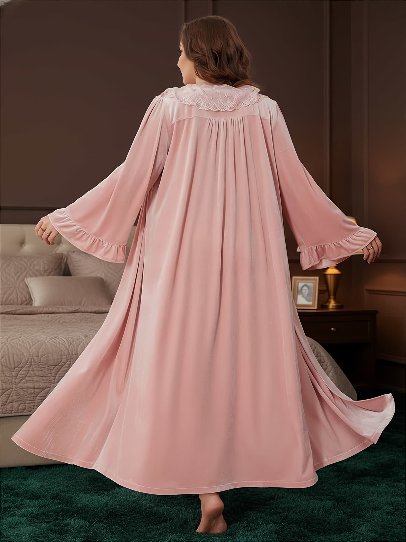 Plus Size Pajama Sets, Royal Style, Medium Stretch Fabric, Solid Color with Contrast Lace Details