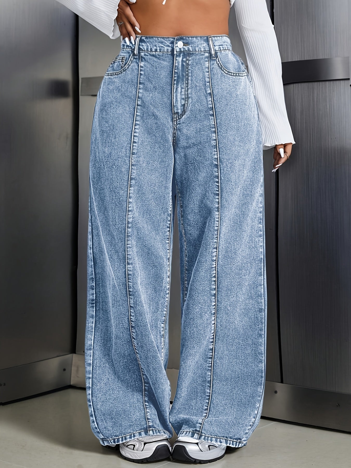 Women's Plus Size Wide-Leg Jeans - Non-Stretchy Vintage Washed Blue Jeans