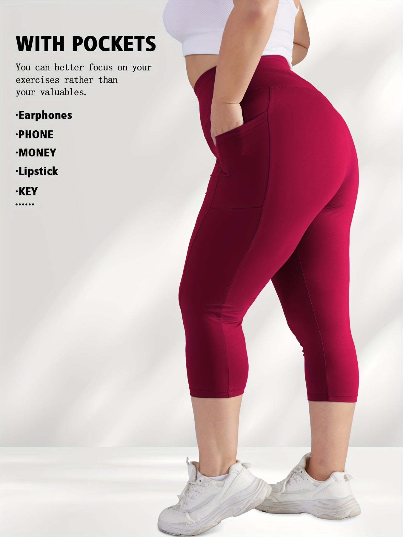 Women's Plus Size High-Waisted Capri Leggings with Side Phone Pockets