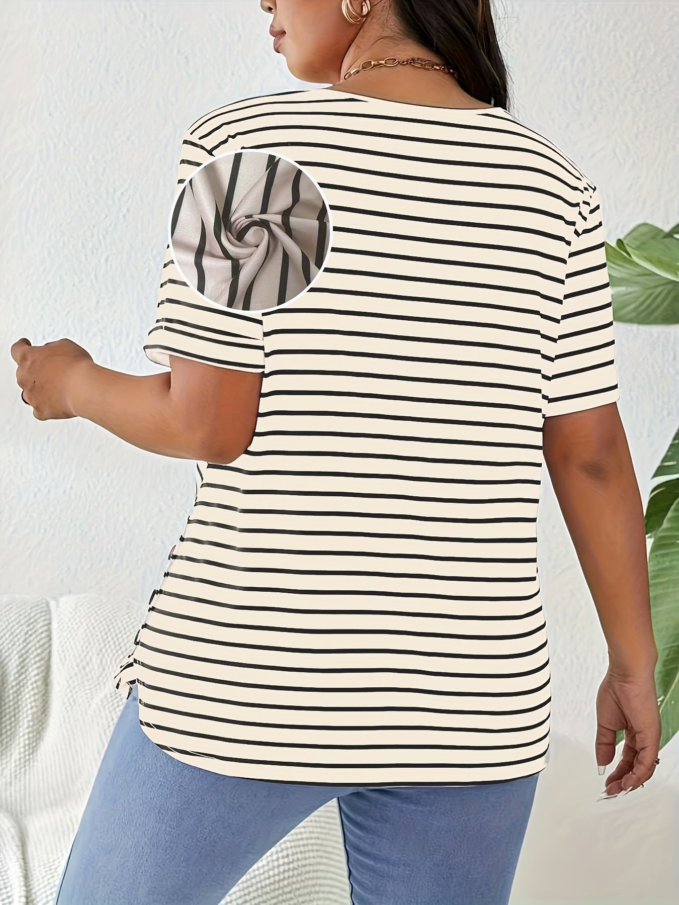 Plus Size Women's Elegant Striped Round Neck T-Shirt - Black & White Horizontal Stripes, Medium Stretch, Button Detail, Spring Summer Fall