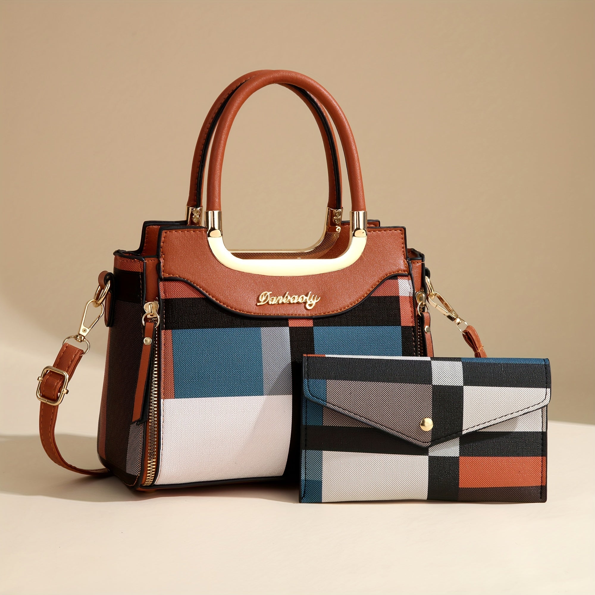 Elegant Plaid Tote and Crossbody Bag Set