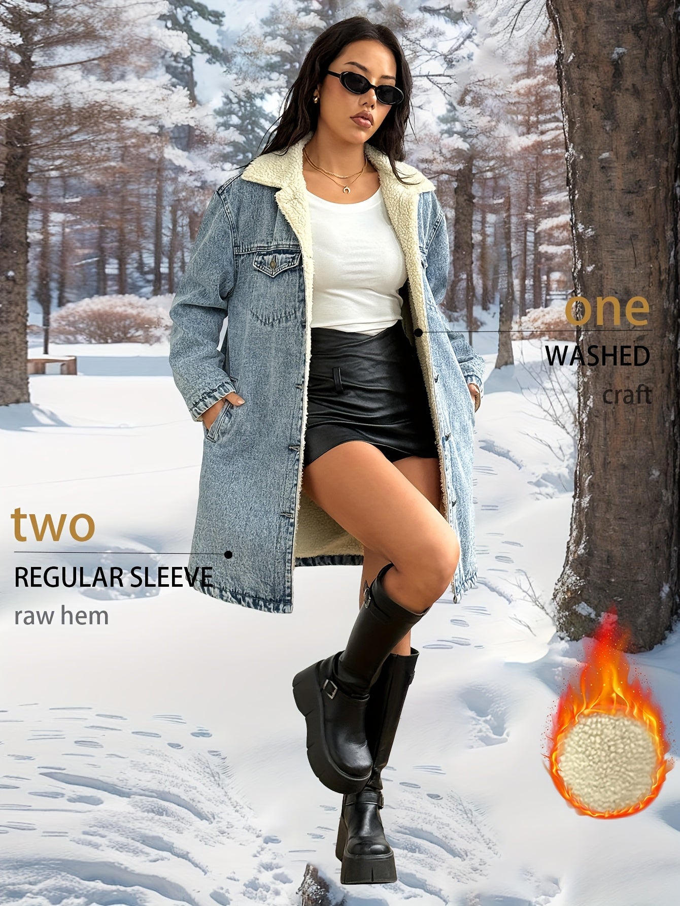 Women's Vintage Washed Heavy-Denim Oversized Coat - Long Winter Jacket with Collar & Fringe-Free Hem