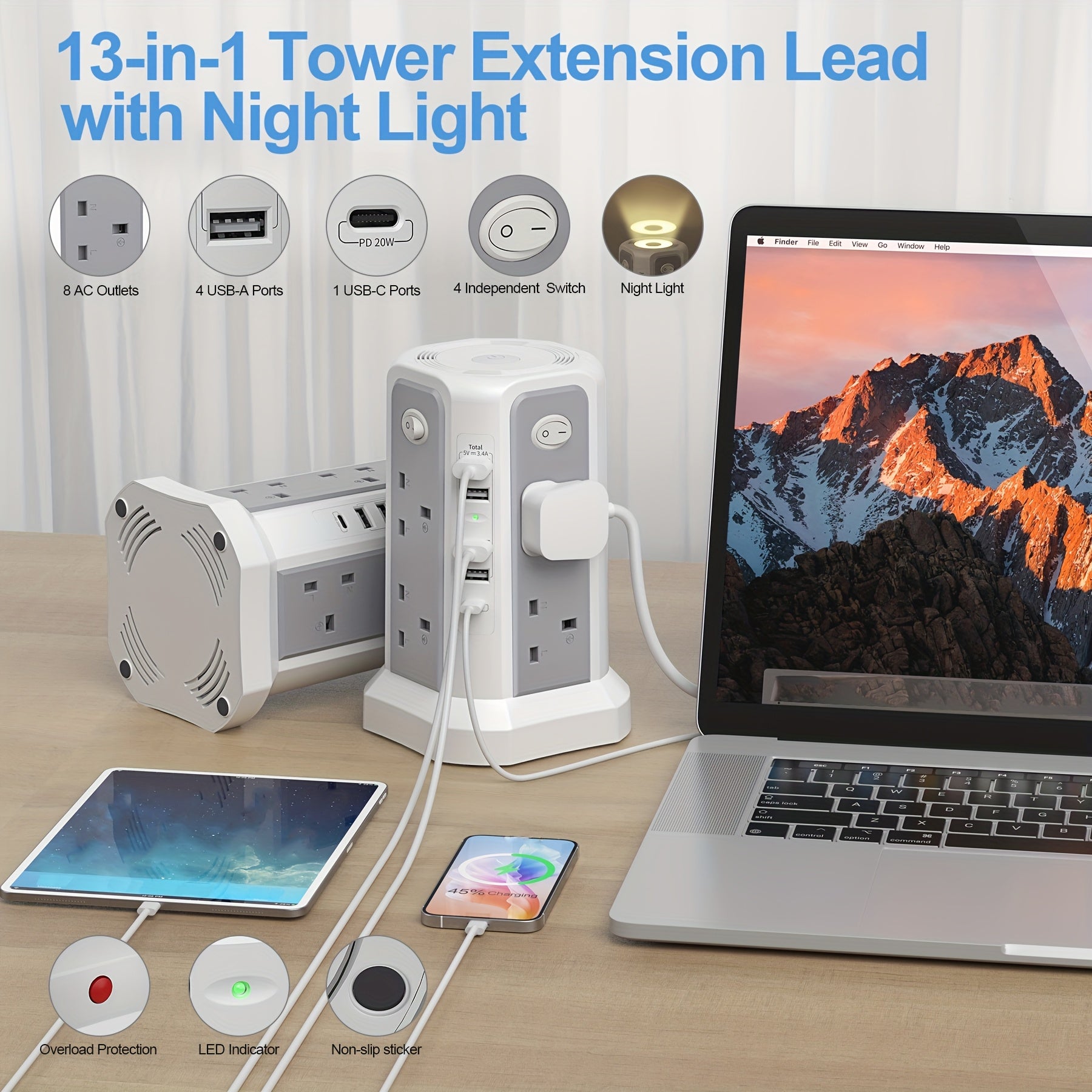 2-Story Tower Power Supply with 8 AC Sockets, 4 USB Ports, 1 USB-C PD20W Fast Charging