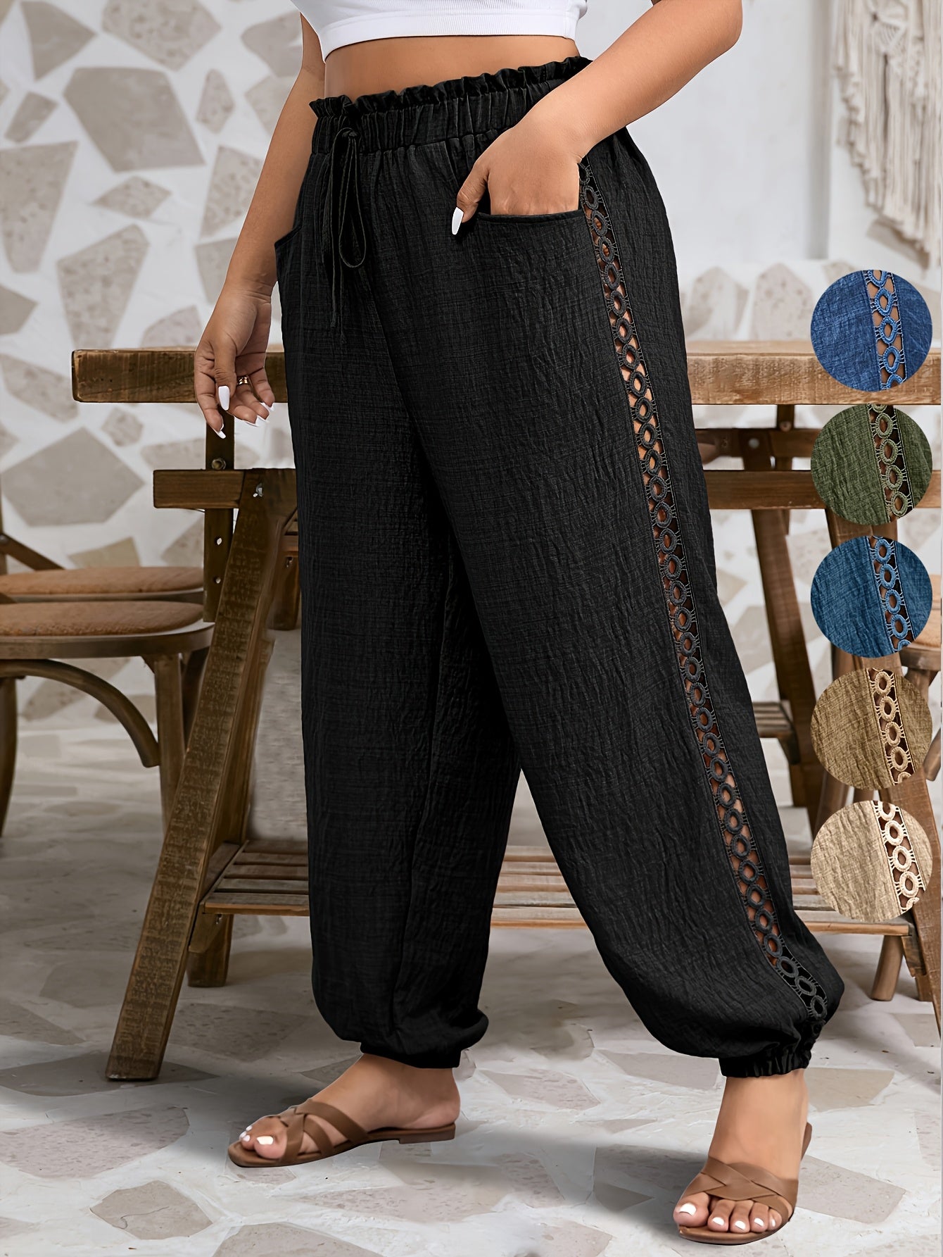 Women's Plus Size Casual Tapered Pants with Ruffle Detail