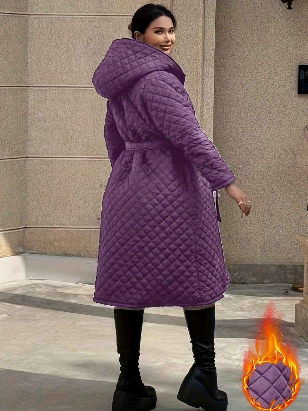 Elegant Fashion Quilted Over-the-Knee Dress with a Loose Hooded Design, Featuring a Belt for Women.