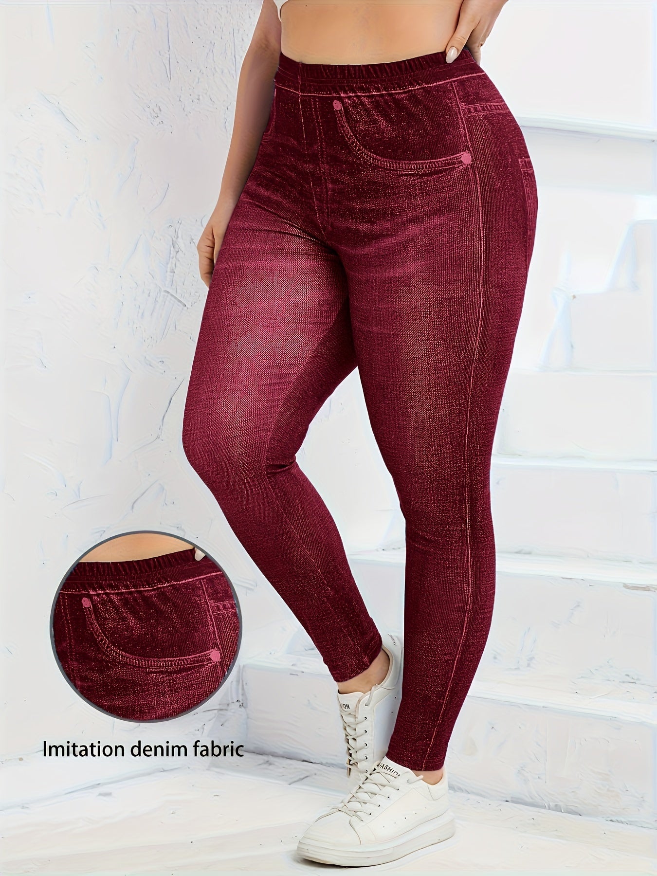 Plus Size Faux Denim Leggings - Ultra-Comfy High Waist Stretchy Design