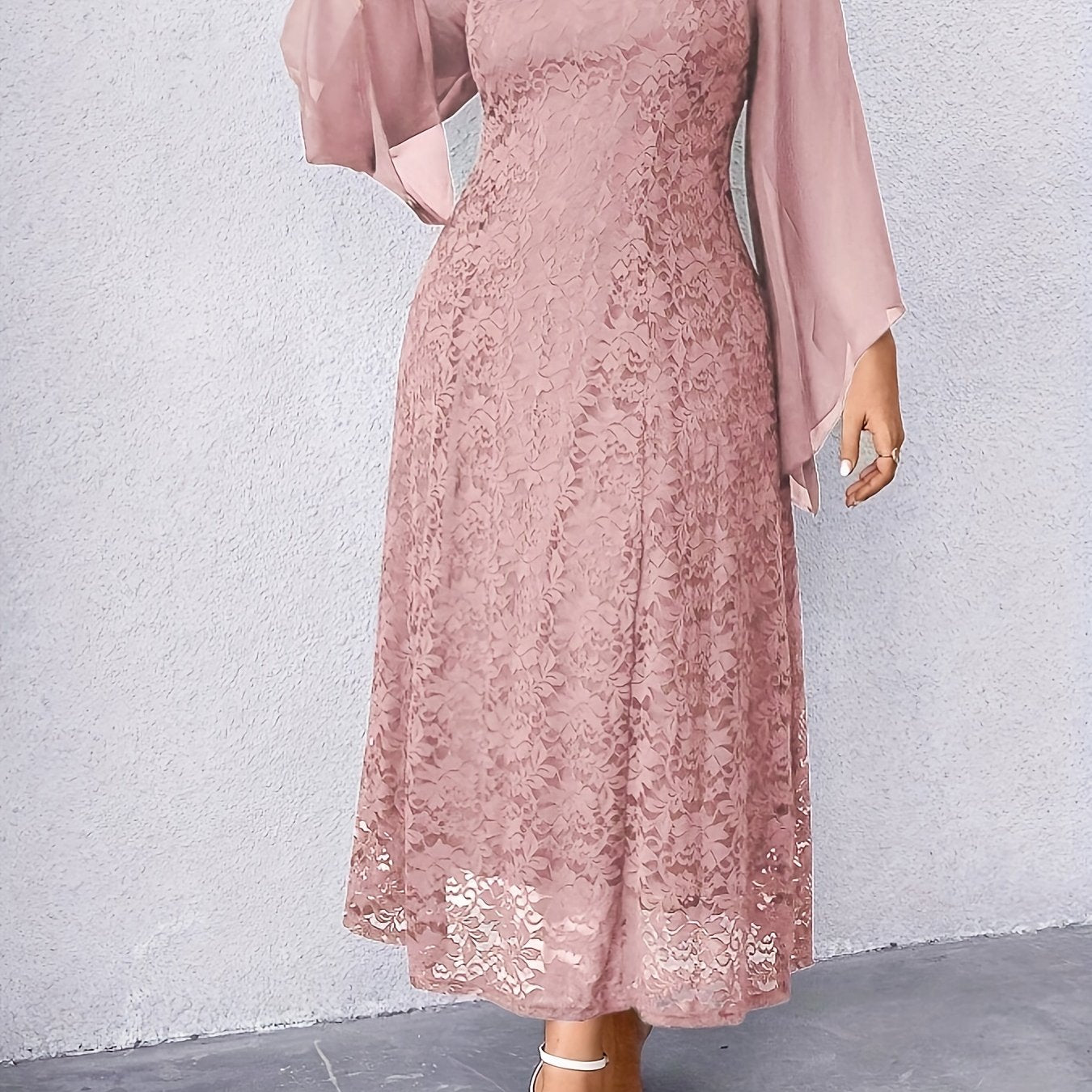 Women's Elegant Navy Blue Lace Dress - Formal to Casual Wedding Party Outfit with Long Flowing sleeves