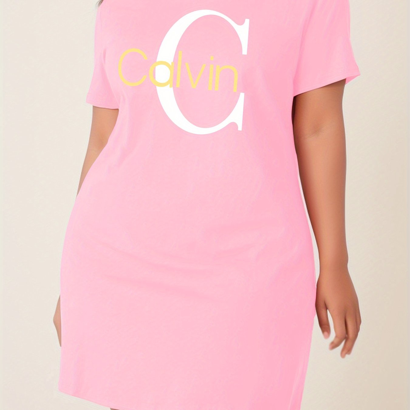 Calvin Women's Stretchy Breathable Polyester T-Shirt Dress - Slim Fit Knee-Length Round Neck Casual Summer Dress with Bold Yellow Lettering, Machine Washable Spring/Summer Outfit