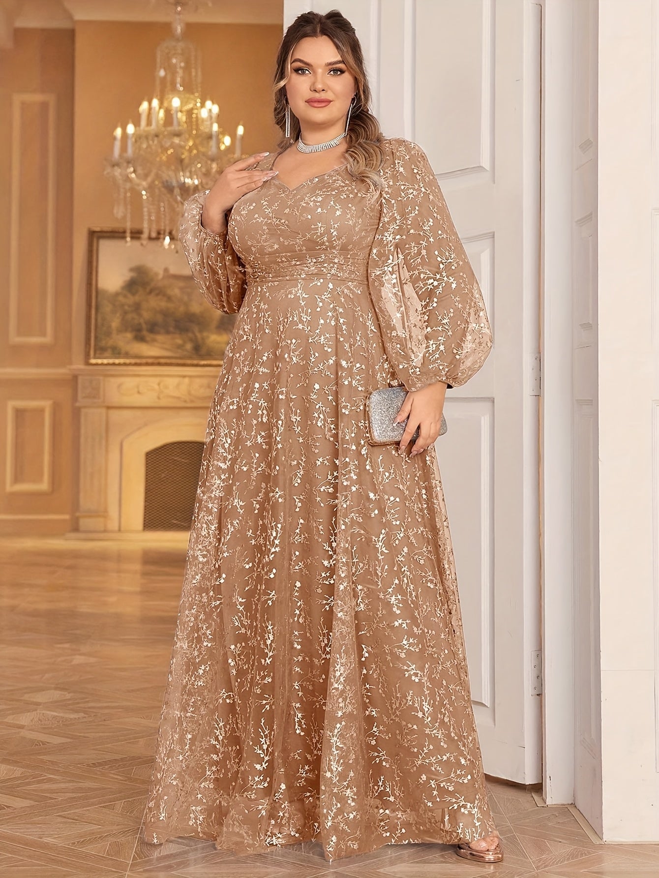 Plus Size, Plus Size Women's Golden Foil Floral Mesh Sweetheart Neck Lantern Sleeve