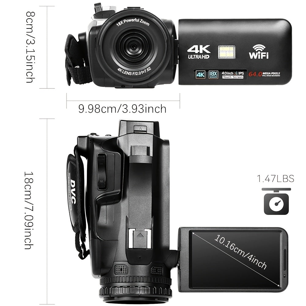 4K Ultra HD Vlogging Camera with 64MP, 60FPS, Auto Focus, 10.16cm Touch Screen