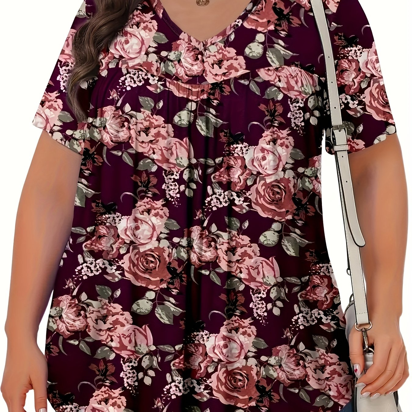 Women's Plus Size V-Neck Blouse - Middle Eastern-Inspired Floral Print Digital, Stretchy Machine-Washable Fabric, All-Season Casual & Formal
