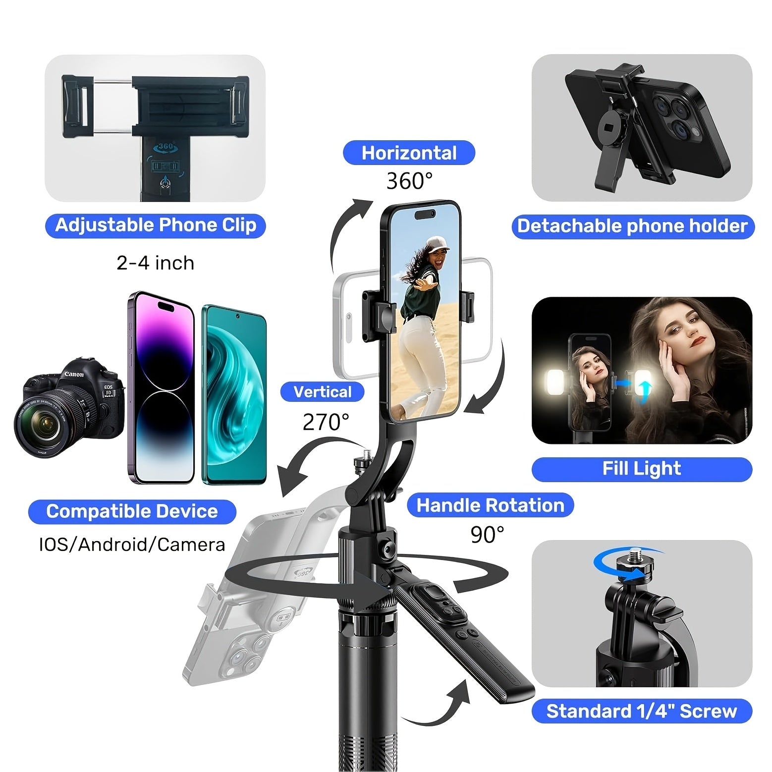 Auto Face Tracking Tripod 360° Rotation, Extendable