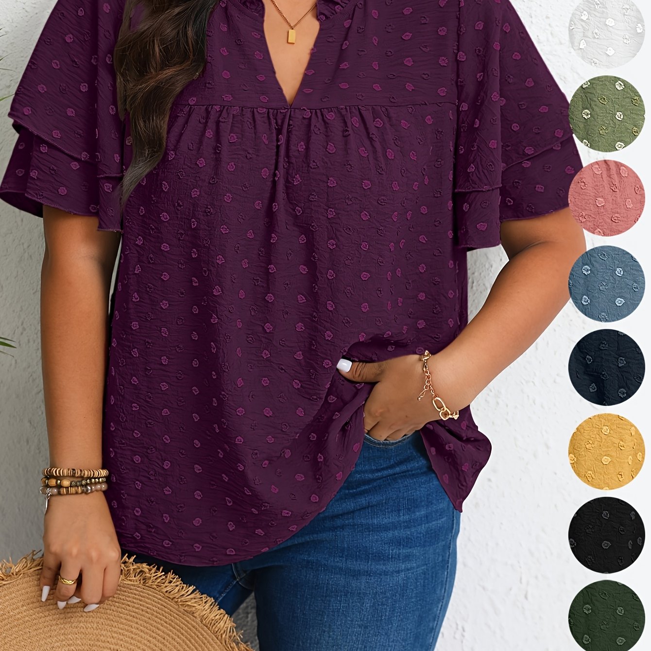 Plus Size Women's Casual V-Neck Blouse with Ruffled Short Sleeves