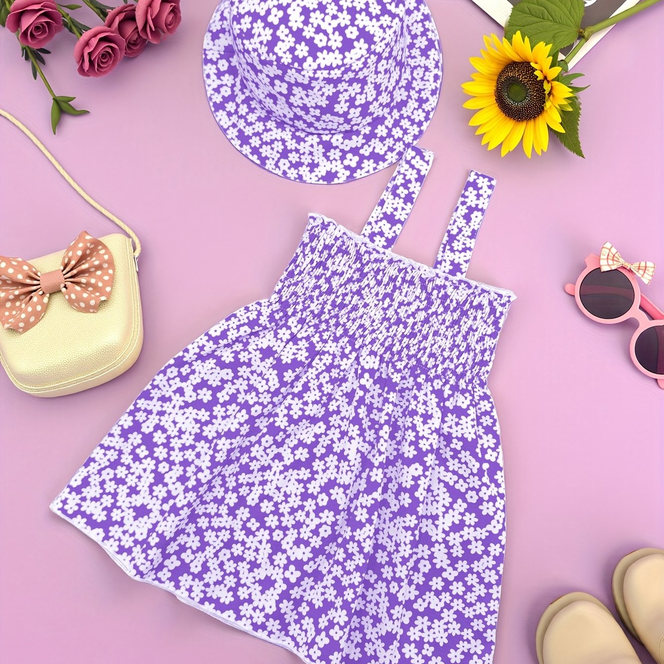 Casual Beachy Daisy Print Girls' Sleeveless Sun Hat Dress