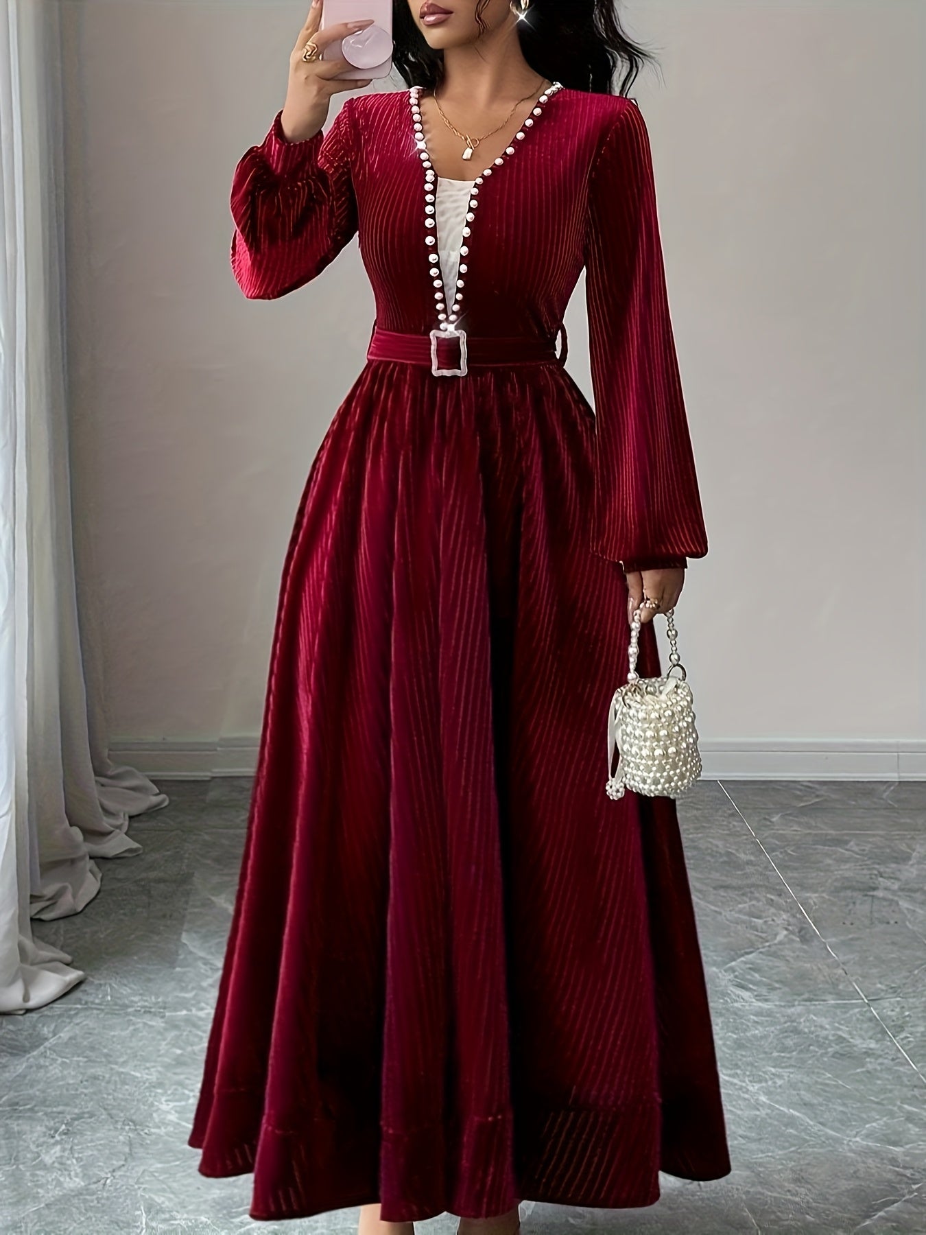 Burgundy Velvet Pearl Dress, Christmas Day, Fall-Winter