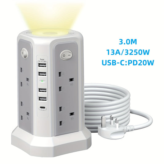 2-Story Tower Power Supply with 8 AC Sockets, 4 USB Ports, 1 USB-C PD20W Fast Charging