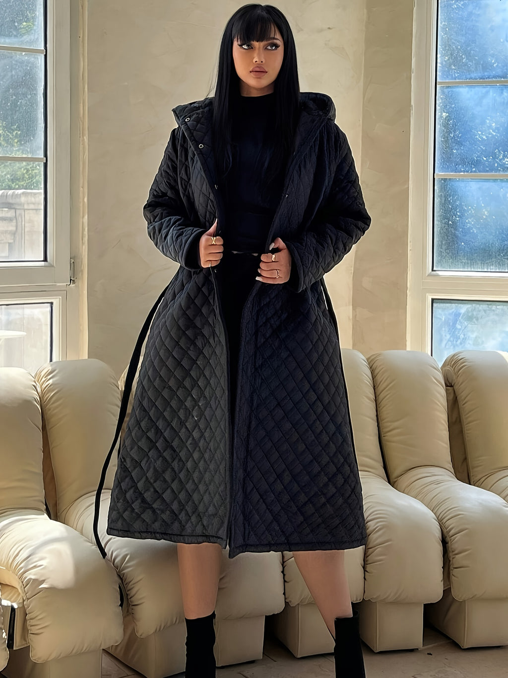 Elegant Fashion Quilted Over-the-Knee Dress with a Loose Hooded Design, Featuring a Belt for Women.