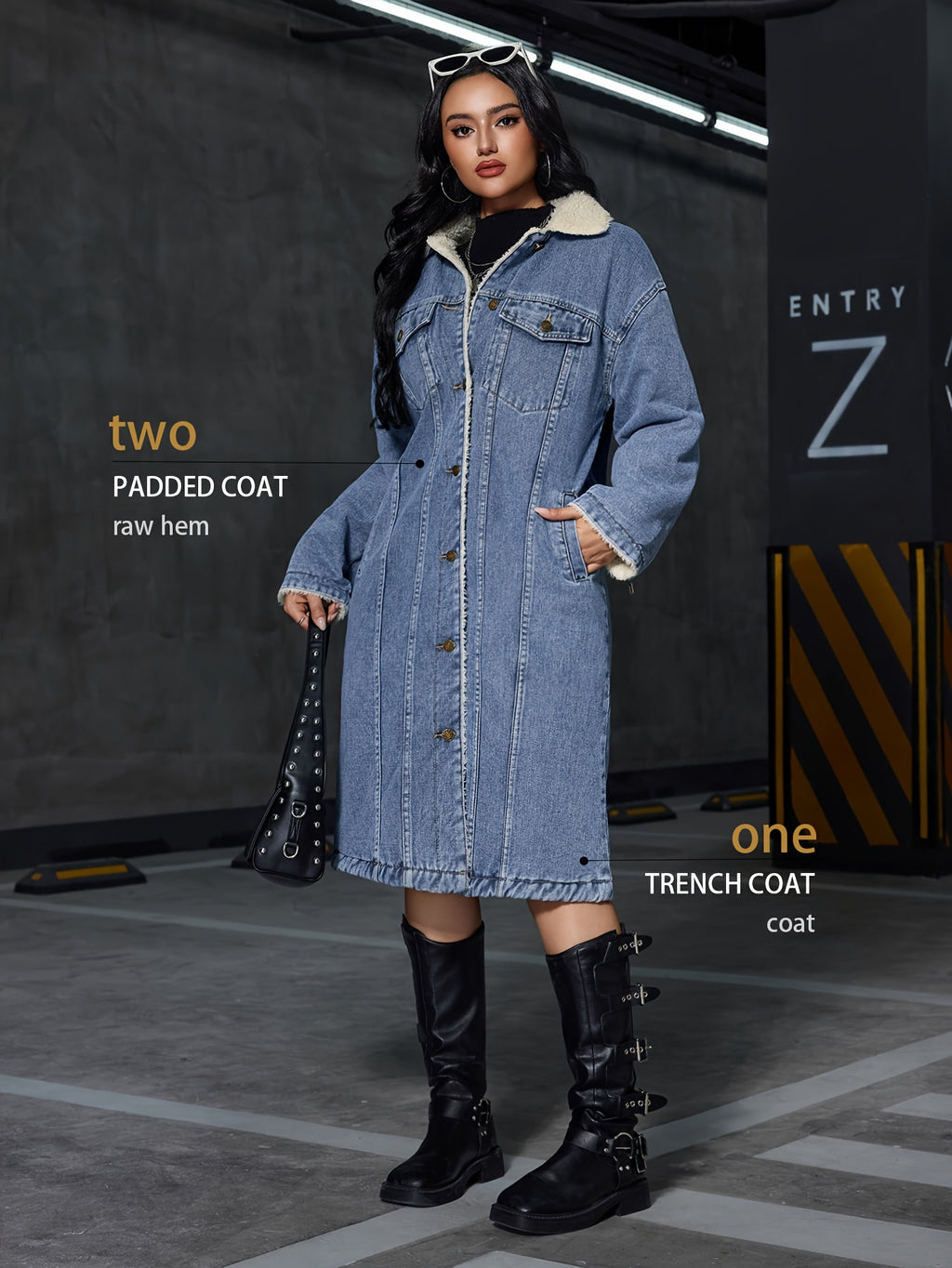 Women's Vintage Washed Denim Jacket - Thickened Winter Coat with Beltless Lapel Collar, Long Sleeve