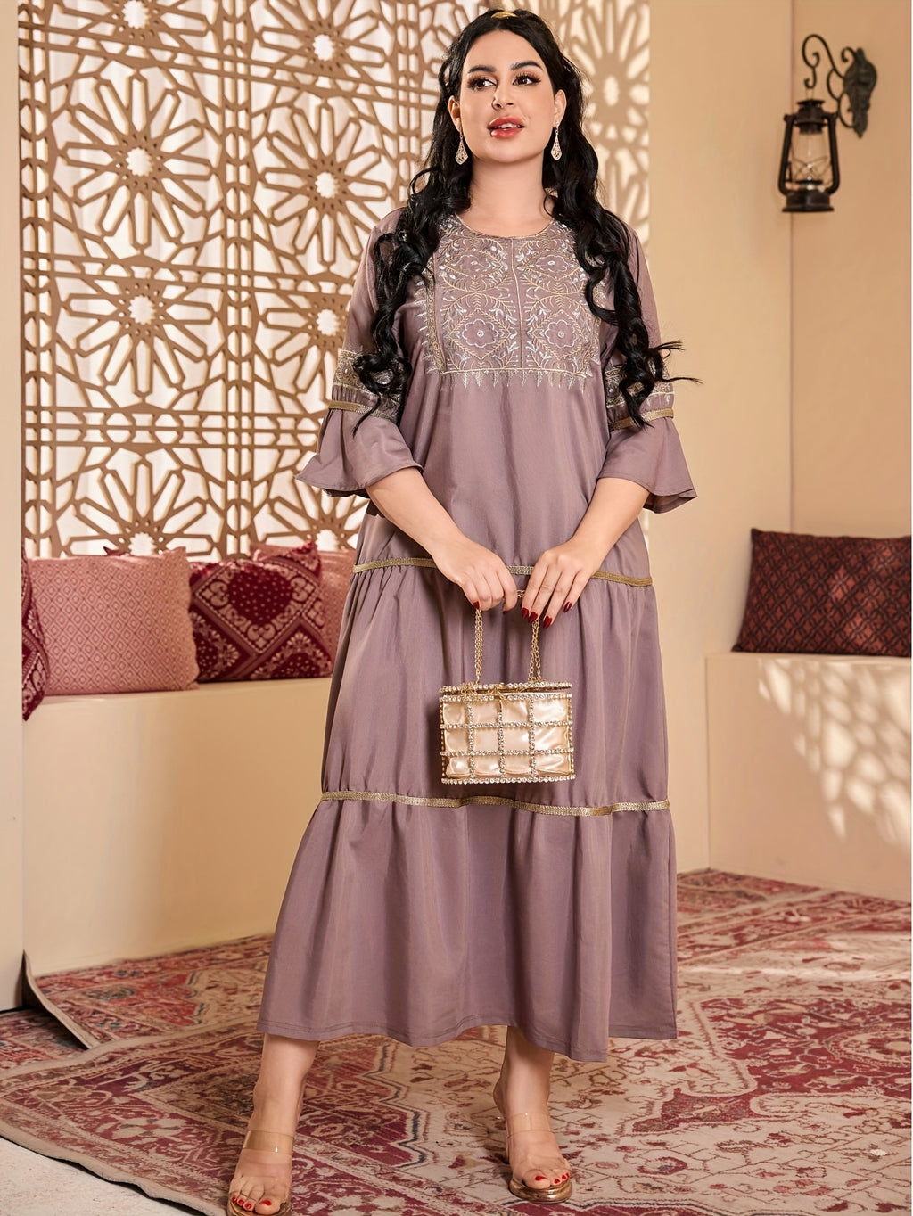 Elegant Ethnic Style Three Quarter Length Ruffle Sleeve Dress with Embroidery