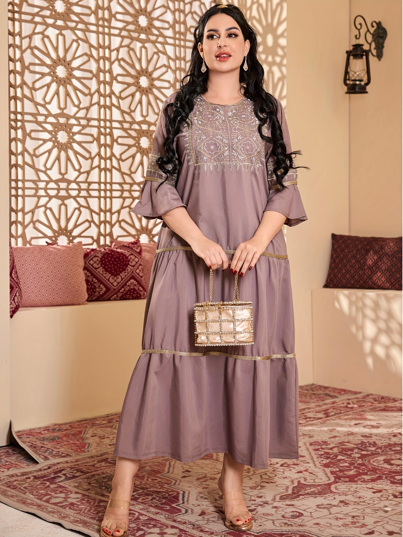 Elegant Ethnic Style Three Quarter Length Ruffle Sleeve Dress with Embroidery