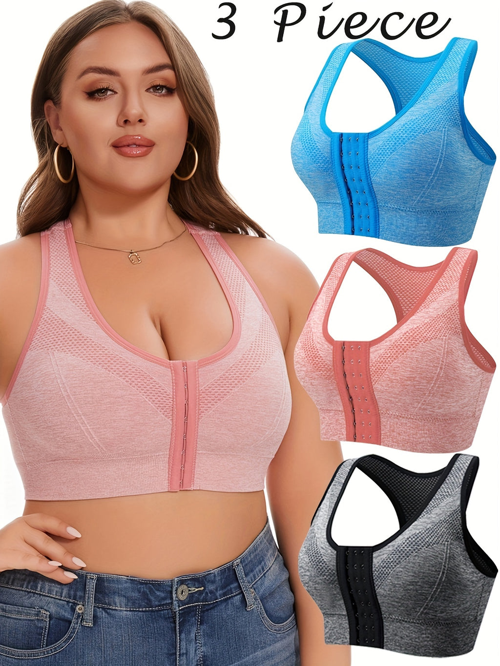 3pcs Front Closure Wire-Free Sports Bras - Breathable High-Elasticity Yoga Bras with Removable Pads, Plus Size V-Neck Design in