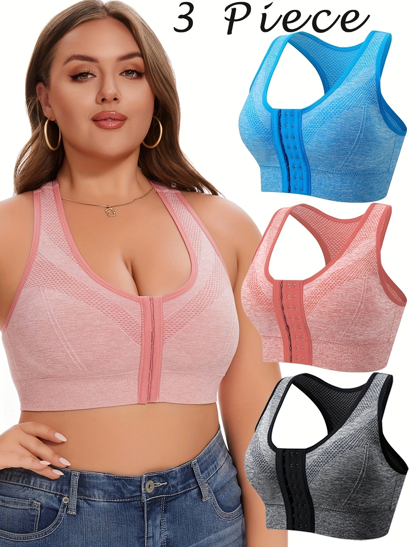 3pcs Front Closure Wire-Free Sports Bras - Breathable High-Elasticity Yoga Bras with Removable Pads, Plus Size V-Neck Design in