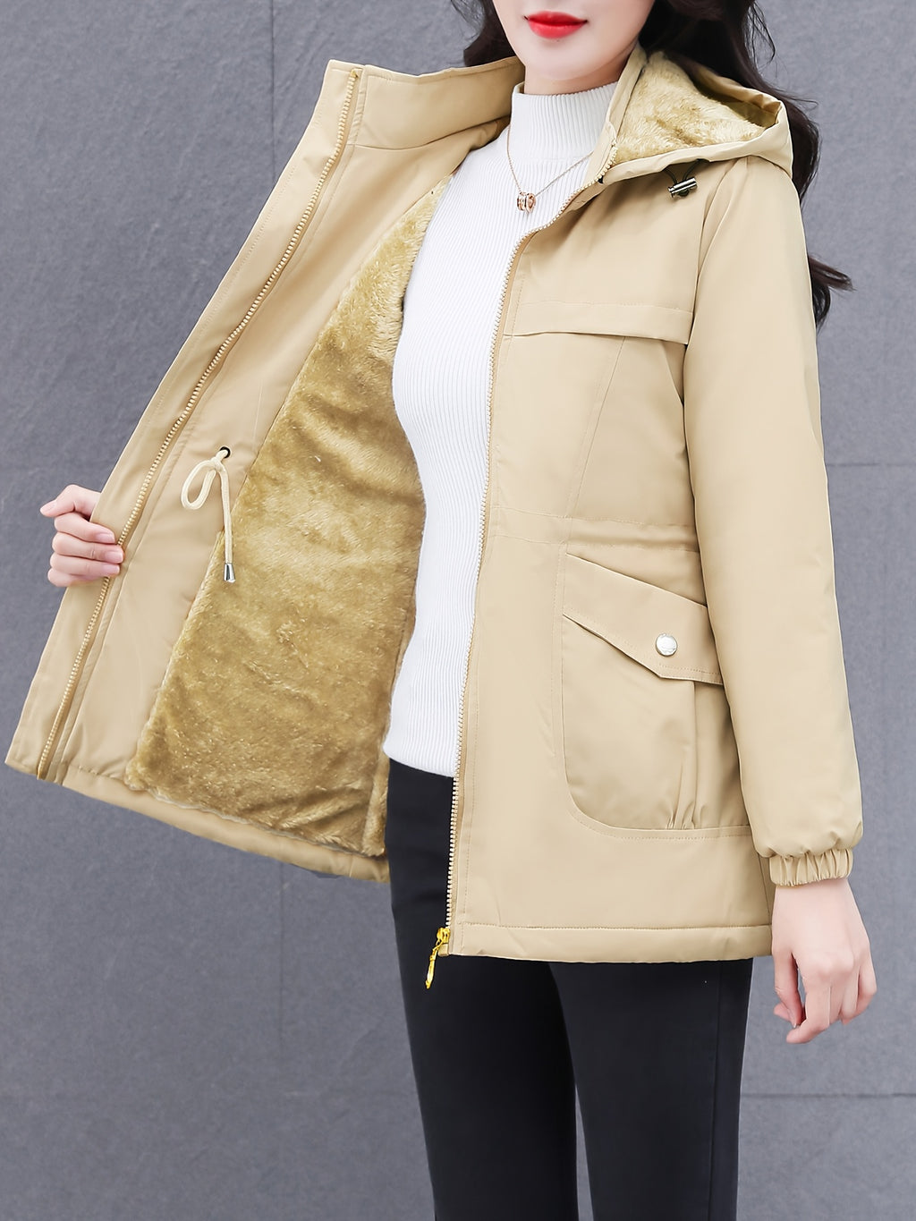 Women's Thick Winter Jacket with Collar - Warm Mid-Length Zippered Coat