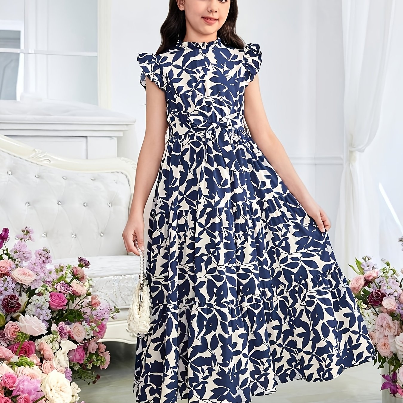 Print Sleeveless Maxi Dress with Belt for Teens