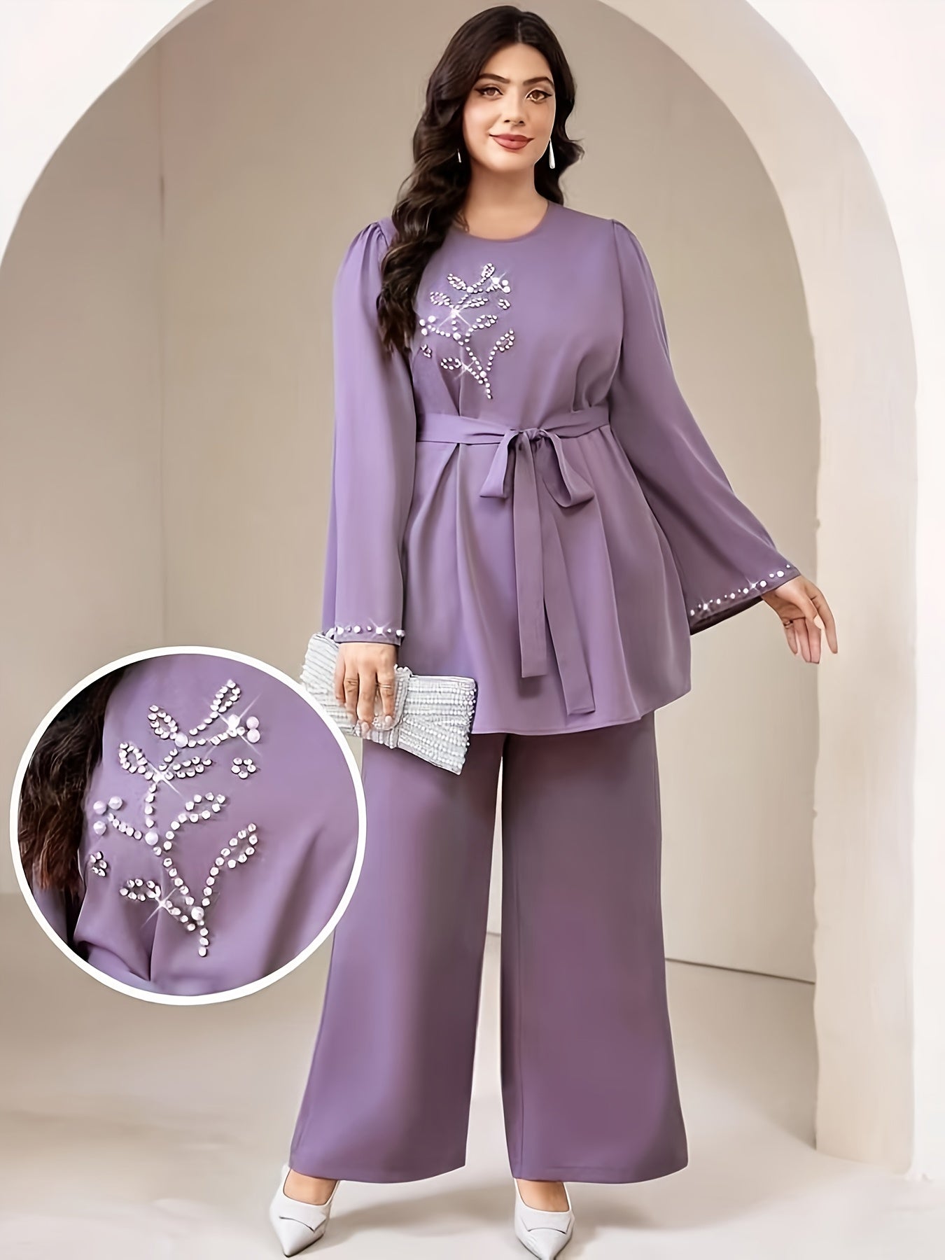 Plus-Size Women's Elegant And Dignified Pearl And Diamond Studs, Two-Piece Set