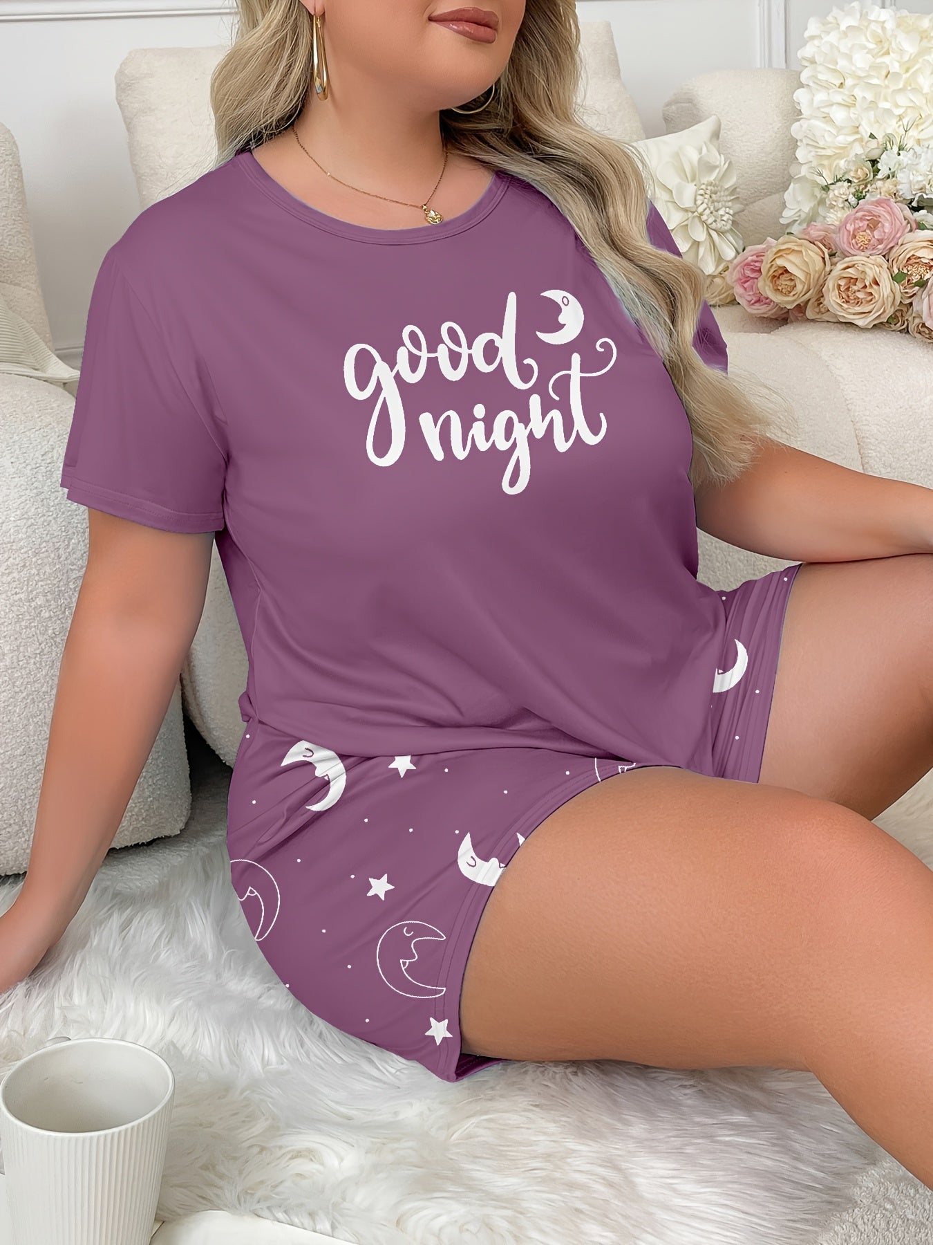 Spring And Summer Letter Moon Print Women'S Loungewear Short-Sleeve Shorts Set Suitable for Outdoor Wear.