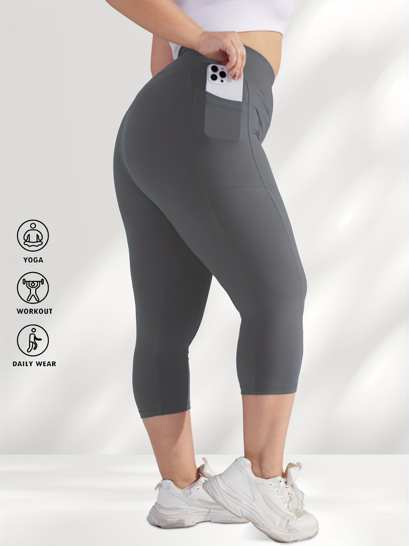 Women's Plus Size High-Waisted Capri Leggings with Side Phone Pockets
