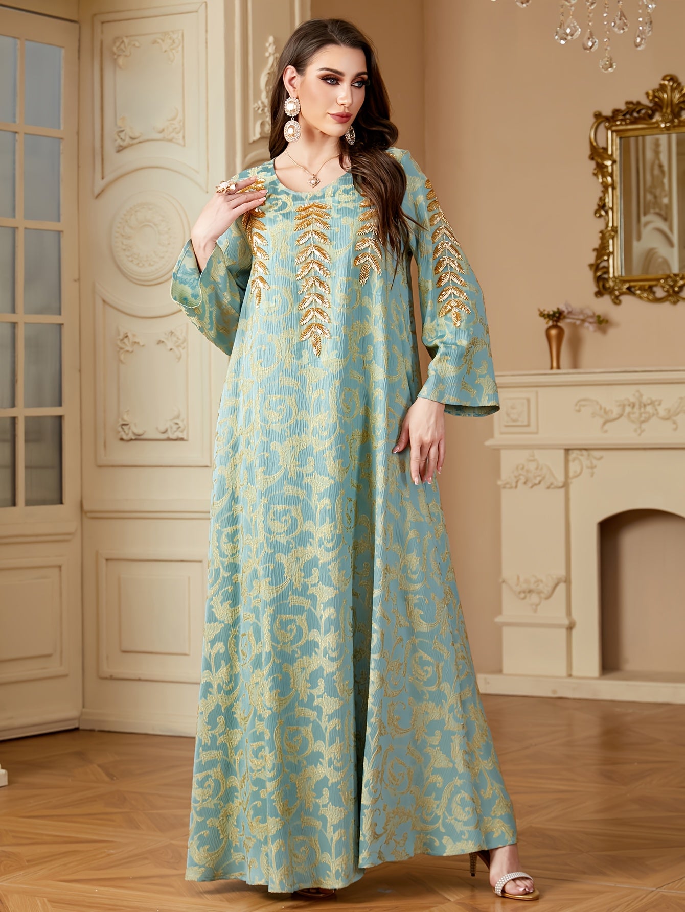 Women's Elegant Middle Eastern-Inspired A-Line Dress with Floral Appliqué