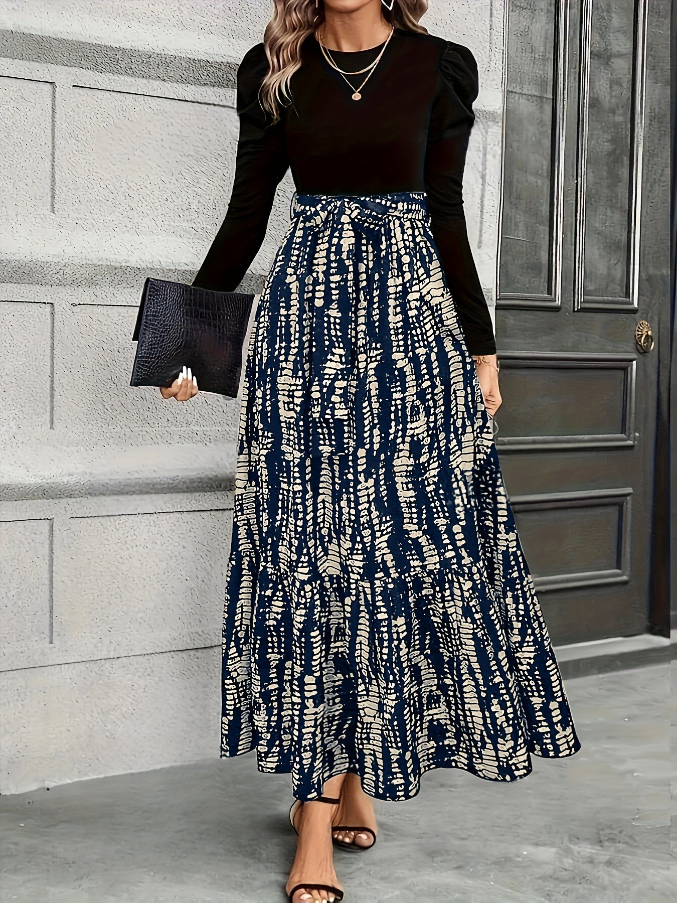 Women's Elegant Bubble Long Sleeve Midi Dress with Adjustable Waist Belt